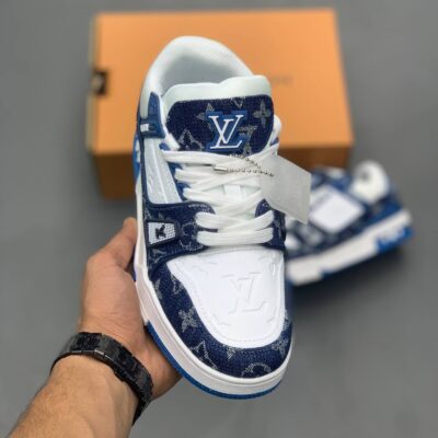 کفش لویی ویتون ترینر سفید آبی Louis Vuitton Trainer White Blue