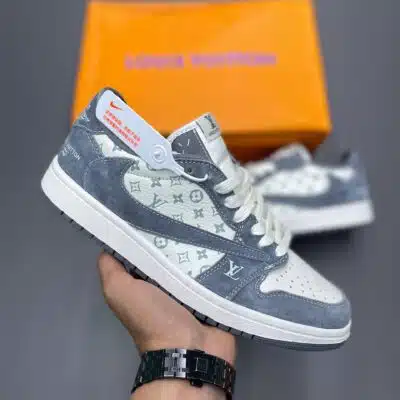 کفش نایک ایر جردن وان لو تراویس اسکات لویی ویتون کرم طوسی روشن Nike Air Jordan 1 Low Travis Scott Louis Vuitton Light Grey