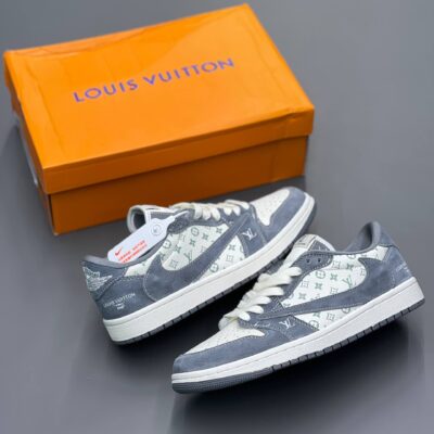 کفش نایک ایر جردن وان لو تراویس اسکات لویی ویتون کرم طوسی روشن Nike Air Jordan 1 Low Travis Scott Louis Vuitton Light Grey
