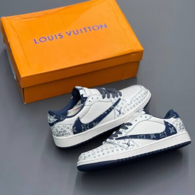 کفش نایک ایر جردن وان لو تراویس اسکات لویی ویتون کرم آبی Nike Air Jordan 1 Low Travis Scott Louis Vuitton Cream Blue