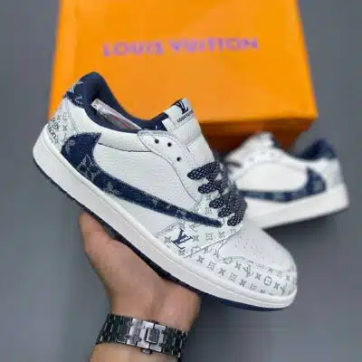 کفش نایک ایر جردن وان لو تراویس اسکات لویی ویتون کرم آبی Nike Air Jordan 1 Low Travis Scott Louis Vuitton Cream Blue